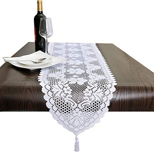 mookaitedecor Blumenmuster Spitze Tischläufer mit Fransen Deckchen Modern | Weiß Spitzenstoff Rolle Tischdecke Leicht Pflegende Tischdecken, Waschbar Fleckenabweisend Spitzenfeckchen Deko 33 x 152 cm