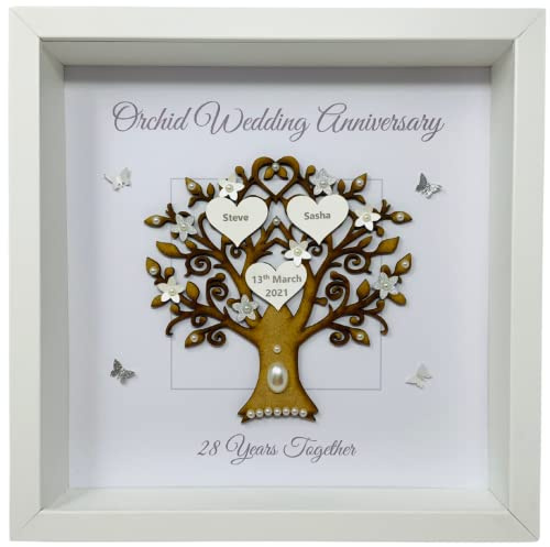 28th Anniversary Gift for Her Him, Personalised Handmade Frame, Orchid Wedding Anniversary Gifts for Husband Wife Couple Parents Twenty Eighth 28 Years Together - Various Designs (Message)
