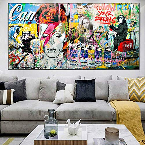 Crazystore Leinwand Kunst Wände Gemälde 70x140cm ohne Rahmen David Bowie und AFFE Graffiti Poster und Drucke Street Art Bild für Wohnzimmer Dekoration