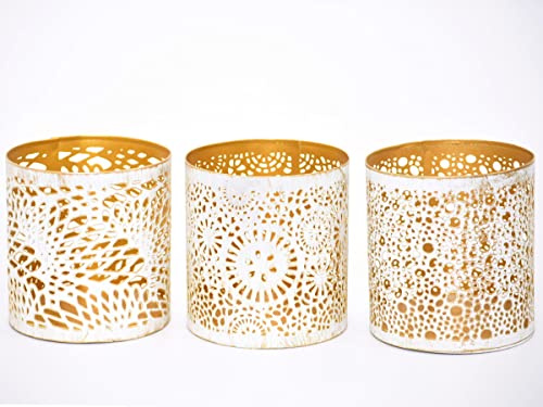 3er-Set Windlichter aus Metall 3-Fach Sortiert mit tollen Ornamenten - Teelichthalter Kerzenhalter (Weiss-Gold) Ø 10 x Höhe 11 cm