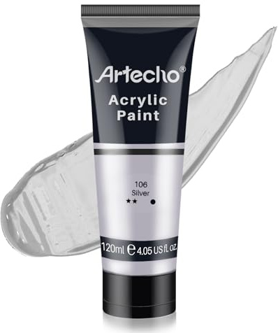 Artecho Acrylfarbe Silber 120 ml, Wasserfest und Lichtecht, Schnell Trocknend, Acrylfarbe für Leinwand, Holz, Stoff, Handwerk, Leder und Stein.