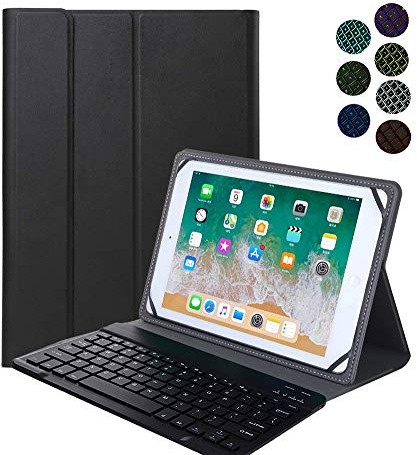 YGoal Teclado Funda para Todas 9-10.8 Pulgadas Tablet Inclu Black-View tab8/Black-view Tab 8E, [Teclado Español Ñ] 7 Colors Backlit PU Cuero Funda con Desmontable Wireless Teclado, Negro
