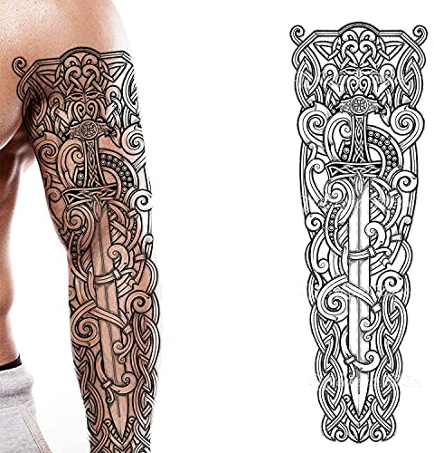 Tatodays tillfällig tatuering helarms svärd viking keltisk nordisk stick på kroppskonstöverföring för kvinnor och män cosplay halloween vuxen temp tatuering för armar medeltida maskeraddräkt fest