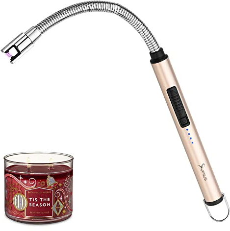 SUPRUS Accendicandele ricaricabile, accendino ad arco elettrico, triplo accendino di sicurezza, alloggiamento in acciaio inox e gancio di sospensione con collo flessibile a 360° (oro)