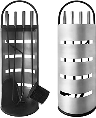 YRHome set camino 5 pezzi accessori camino in acciaio inox posate con paravento, scopa, pinza, attizzatoio, pala cenere set classico argento