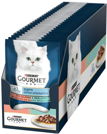GOURMET Perle Duetti Cibo Umido per Gatti Adulti Filetti con Salmone e Merluzzo 26 Buste da 85g