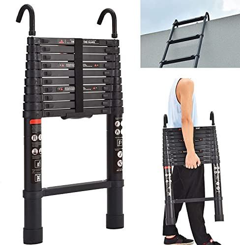 3.2M/10.5FT Teleskopleiter mit abnehmbarem Haken Aluminium Heavy Duty ausziehbare Faltbare Mehrzweckleiter EN131 sicherheitsgeprüft schwarz