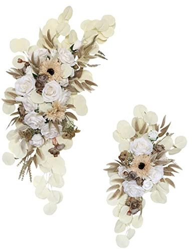 JUKIDS Arco de boda artificial arreglos florales, kit de flores de arco de boda de 31 pulgadas con hojas de eucalipto de rosa blanca, guirnalda de mesa de boda para el hogar ceremonia de boda