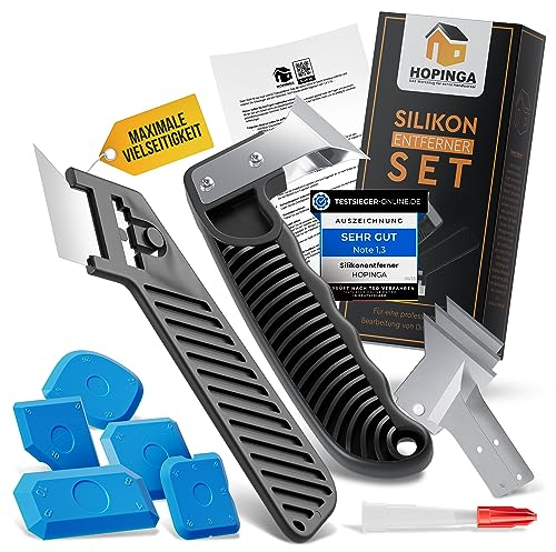 HOPINGA Profi Silikonentferner Werkzeug Set mit V-Klinge aus Edelstahl | Fugenkratzer Fugenmesser mit wechselbarer Klinge | Fugenglätter Silikon Abzieher für Silikonfugen + Anleitung
