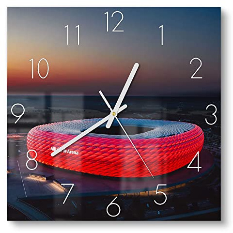 DEQORI Glasuhr | 30x30 cm | Motiv Allianz Arena, München | ausgefallene leise Design Uhr aus Glas | Wanduhr für Wohnzimmer & Küche | moderne Hingucker Uhr für die Wand