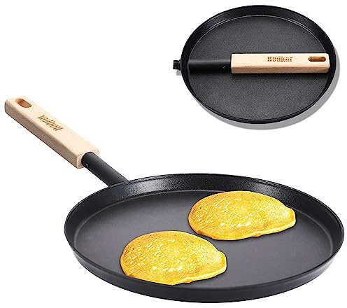 bodkar Frying Pan Skillet 8-inch Flat Griddle Pan, Lightweight Small Grill Pan with Wooden Handle for Camping Indoor Outdoor Cooking