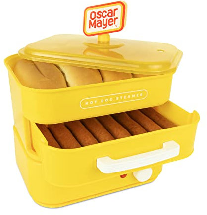 Nostalgia Oscar Mayer Cuiseur vapeur et réchaud à chignon pour hot-dog, 8 hot-dogs et 4 chignons, saucisses, légumes, poissons, boulettes, jaune