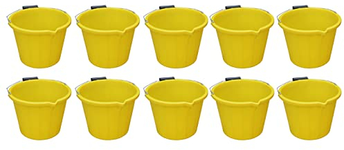 [Set of 10] 14L Litre Strong Plastic Builders Bucket 3 Gallon Multipurpose Storage Construction Bucket With Metal Handle & Spout For Cleaning Animal Feed Mixing Home & Garden - Made in UK (Yellow)