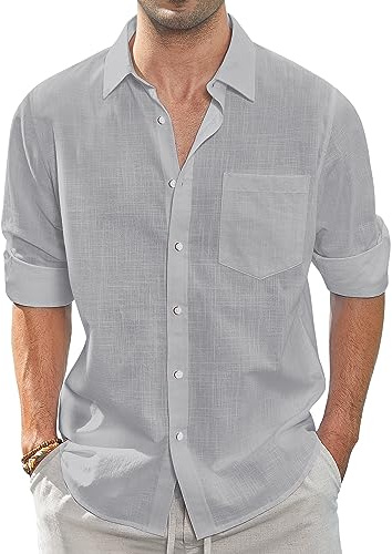 J.VER Leinenhemd Herren Langarm Leichtes Sommerhemd Einfarbig Business Freizeithemd Party Club Reisen Alltägliche Leinen Shirt mit Taschen
