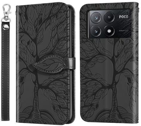 Rostsant Funda para Xiaomi Poco X6 Pro 5G - Carcasa de Cuero PU con Árbol en Relieve, Cartera Magnética, Billetera para Teléfono - Negro
