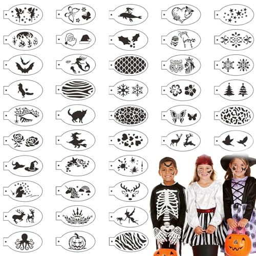 TRKETK 42 Stück Gesichtsbemalungsschablonen, Körperbemalungsvorlagen, Wiederverwendbare Tattoo-Schablonen für Urlaub, Party, Wand, Holz, Papier