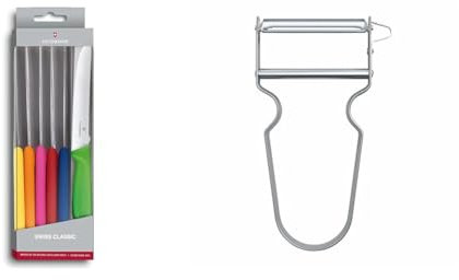 Victorinox Set 6 Cuchillos De Mesa Colores, CON Sierra-Nuevo & REX Peeler, Vegetable Peeler, Aluminium Handle, Stainless Steel Blade, Extra Sharp Straight Cut, Metal Colour 109 mm 6.0900