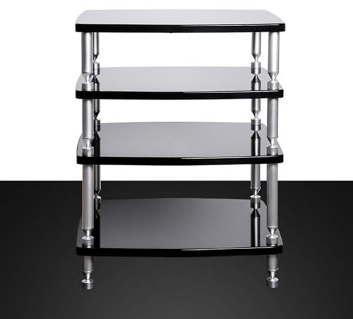 GUAWJRZDP Mobile Stereo Hi Fi Rack Hi Fi, Rack Hi Fi Aperto, Cabinet Audio Hi Fi, Mobiletto Stere Contenitore for Componenti Stereo Di Intrattenimento, Ripiani Neri E Colonne Argentate(4-tier)