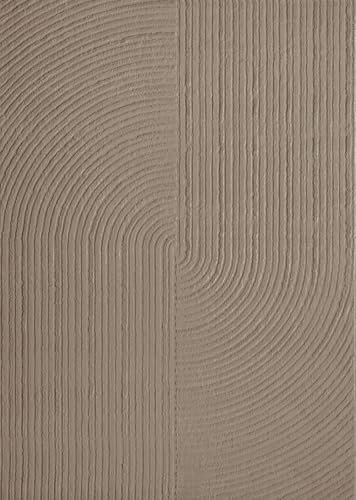 VIMODA Moderner Kurzflor-Teppich Boho Wohnzimmer Schlafzimmer dünn mit 3D Hoch-Tief Effekt Pflegeleicht,Maße:200x290 cm;Farbe:Taupe