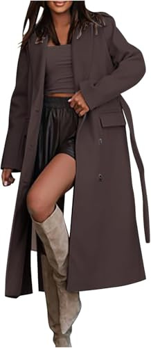 Donna Oversize Doppio Petto Risvolto Cappotto Giacca con Cintura Autunno Abbigliamento Casual Business Ufficio Risvolto Pisello Cappotto (Marrone Scuro,S)