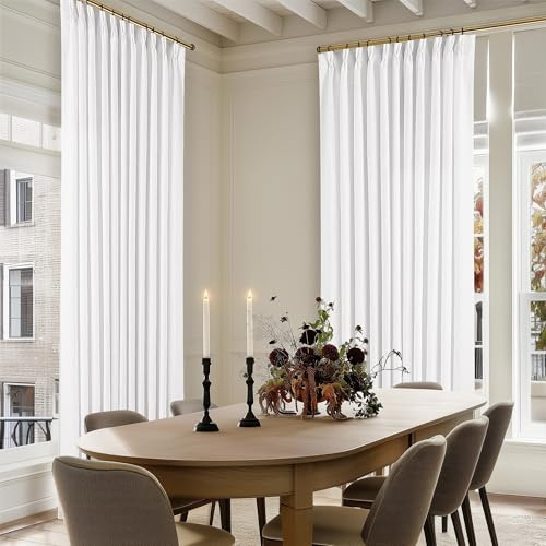 Pinch Pleated Extra Wide Linen Curtains 120 Inches Long for Patio Sliding Glass Door White 70 Inch Wide Pleated Drapes with Hooks Rings Neutral Natural Semi Sheer 70x120 Curtain for Living Room