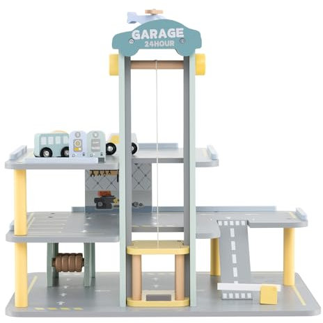 DREAMADE Kinderparkhaus aus Holz, Parkgarage für Kinder mit 4 Autos & 1 Hubschrauber, 3-stöckige Parkgarage mit Aufzug, Autowaschanlage und Tankstelle, Parkhaus für Kinder ab 3 Jahren