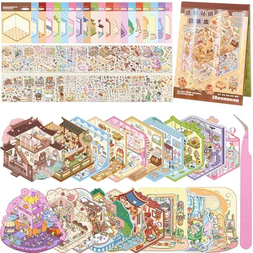 Wnqou 20 Sets DIY 3D Haus Aufkleber Sammlung Buch, 3D-Szene simuliert, Miniatur-Hütte simuliert Szene Spiel, niedliche Cartoon-Aufkleber für Erwachsene und Kinder, Spaß Zimmer Material Buch für Mädche