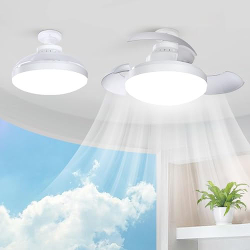 Laybasic Deckenventilator mit Beleuchtung, 48W LED Deckenlampe mit Einziehbare Ventilator und APP/Fernbedienung, Klein Leise E27 Sockel Ventilatorlicht, Timer, 4 Windstufen, für Schlafzimmer
