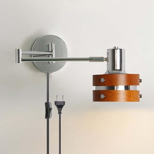 LOGT Holz Vintage Wandleuchte Schwenkarm Innen Wandlampe Verstellbar Lange Arm Wandleuchten mit Stecker und Kabel Schalter Wand Leseleuchte Faltbar Drehbarelampe für Wohnzimmer Schlafzimmer