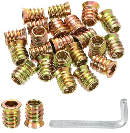 sourcing map 50 Pcs Threaded Insert for Wood, 3/8 - 16 Carbon Steel Threaded Studs Hex Socket Drive Nut Inserts Screw in Nut Fastener Connector with Hex Wrench 20mm Length for Home, Gold