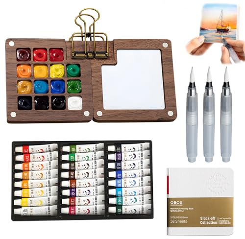 Pluvyze Mini Aquarell Set Pocket Aquarell Set Mini Palette Klein und Tragbar,Waschbar,Geeignet für Maler,Künstler,Studenten,Enthält Eine Palette (Mit Clip), 24-Farbige Aquarellfarben, Ein Zeichenbuch