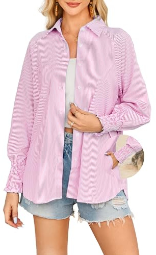 OUGES Women's Cotton Blend Oversized Striped Boyfriend Collar Shirts Long Sleeve Button Down Tops Pregnancy Must Have Blouse Maternity Fall Outfits 2026 Trendy Clothes with Pockets(Pink Stripes,L)