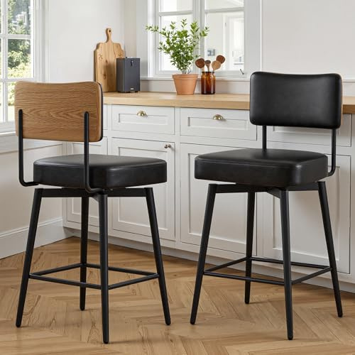 BonVache Barhocker 2er Set, 360° Drehbar Barstuhl, Stabiles Metallgestell, Kunstleder, Verstellbare Füße, Küchenstuhl mit lehne für Kücheninsel, Bartheke und Hausbar, Einfacher Schwarzton