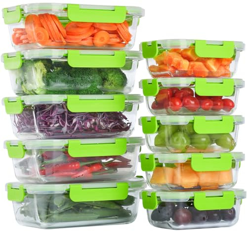 Liliume Meal Prep Boxen Glas 10 Stück Portionskontrolle Luftdicht Mealprep Glas mit Deckel Mikrowellen & Gefrierschrankfreundlich（370ml und 1040ml）
