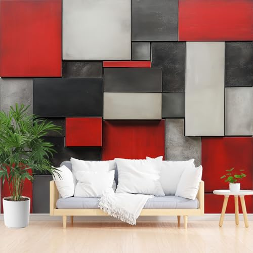 Papier Peint Intissé Géométrie Rectangulaire Rouge et Noir Papier Peint Panoramique Treillis Geometrique Photo Muraux Utilisé Pour Salon Chambre Chambre D'Enfant 400x280cm(L x H)