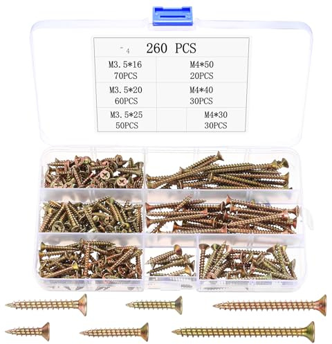 Set di viti universali, 260 pezzi, viti per legno, a testa piatta, assortimento di viti autofilettanti per muratura, mobili, legno