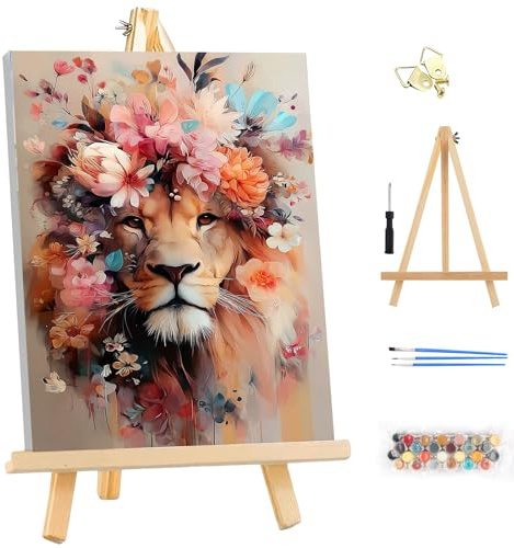 MEIYUDA Pintar por Numeros Adultos con Marco León Flores, DIY Cuadro al óleo con Números para, Kit de Pintura al óleo Digital para Adultos de Lienzo, Decoración el Hogar 25x35cm