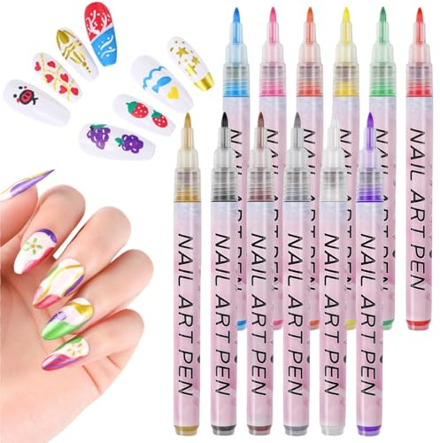 Nail Art Pens, 12 Colors Nail Polish Pens Set with 0.7mm Fine Tip, Quick Dry Waterproof Nail Art Markers & Nail Varnish Pens for Nail Doodle Drawing,Waterproof Nail Polish Pens Set,Nail Gel Pens