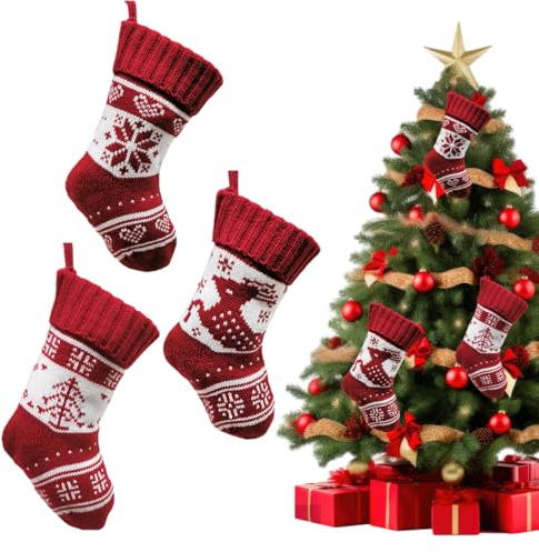JYNXOR 3 piezas Calcetines de Navidad Chimenea, Calcetines Navidad para Colgar de Punto Rojo, Bolsas Regalo Calcetines Colgantes Navideño para Decoracion Árbol
