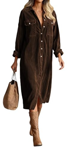 Novlewign Robe chemise décontractée en velours côtelé à manches longues avec poche pour femme, café, Taille XL