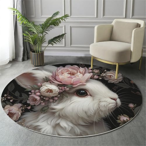 Runder Kurzflor-Teppich 160Cm,Weich Rutschfest,Pflegeleicht,Pfingstrosenblume Weißes Kaninchen Rosafarbenes Weiß Schöne Tiere,Für Wohnzimmer Schlafzimmer,Für Haushalte Mit Kindern Haustieren
