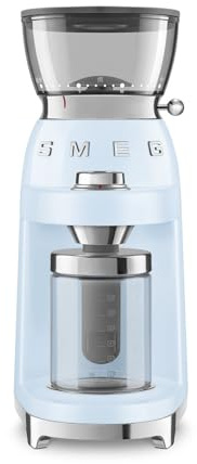 Smeg, Molinillo de café CGF03PBEU 15 grados de molienda, depósito de granos de café de 240 g, capacidad de molienda ajustable, sistema antiestático, 150 W, azul claro