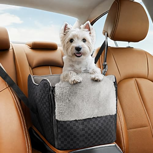BONTHEE Mittelkonsole Hundeautositz für kleine Hunde, zusammenklappbares Design mit weichem Plüsch und stabilem Stützbrett, verstellbare Sicherheitsleine für kleine Hunde und Katzen bis zu 6,8 kg
