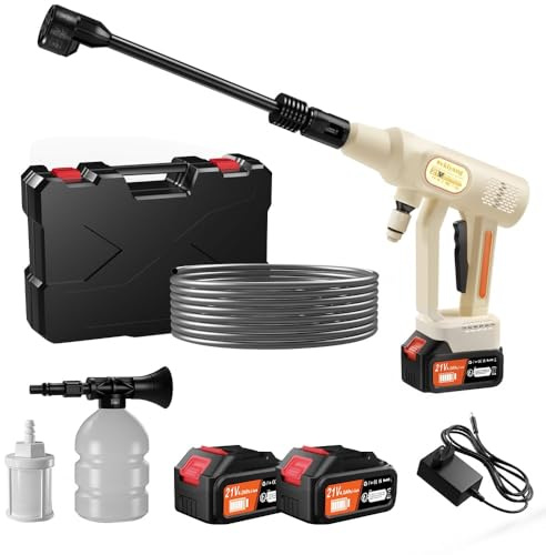 Akku Hochdruckreiniger 21V, Tragbarer Hochdruckreiniger Akku mit 2x4000mAh Akkus, 6-in-1 Multifunktionsdüse, 5 Meter Schlauch, Schaumsprühflasche, Akku Druckreiniger für Auto, Garten, Rasen