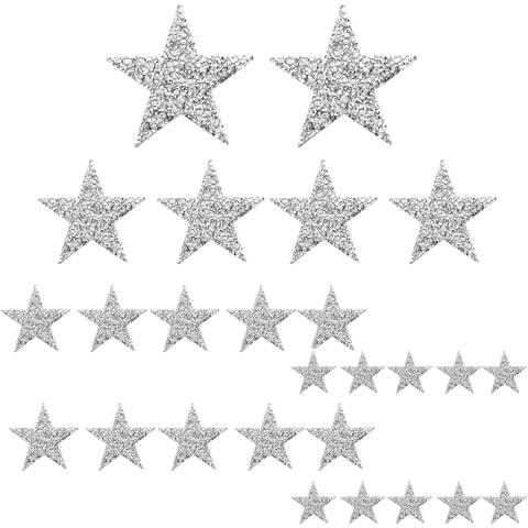26 stycken stjärnstrykbilder för textilier, silver, strass, lappar, att sys på, 4 storlekar, glitter, applikationer att stryka på för vuxna, barnkläder, jeans, jackor, väskor, reparationssats, lappar