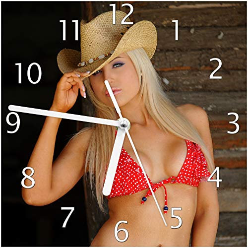 Wallario Design-Wanduhr Westerngirl aus Glas, Motiv-Uhr Größe 20 x 20 cm, weiße Zeiger