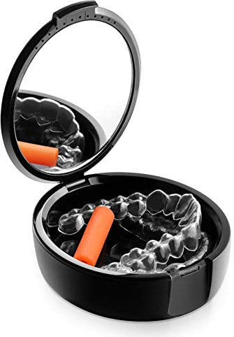 Annhua Zahnprothesenbox mit Spiegel, Prothesendose, Aufbewahrungsbox, Zahnprothesenhalter mit Belüftungslöchern für Zahnprothese, Unsichtbare Zahnspange, Mundschutz Brace (Schwarz)