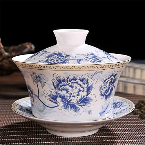 Cuenco de té de Porcelana Azul y Blanca Gaiwan de Porcelana Blanca con cáscara de Huevo Grande, Juego de Taza de té y platillo de cerámica Sopera
