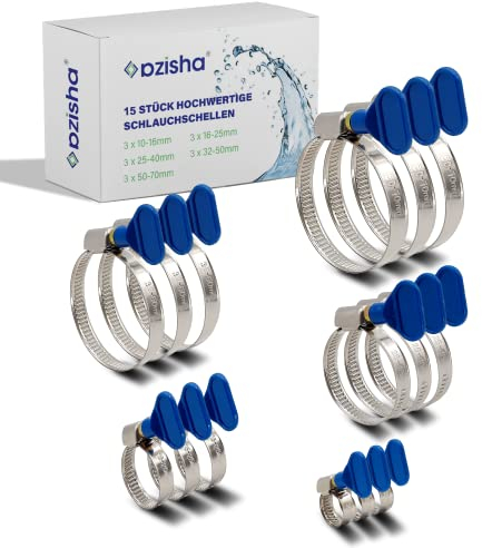 AZISHA Schlauchschellen Set 10-70mm - 15 Stücke Edelstahl - Einstellbare Mit Flügelmutter - Mehrzweck Schlauchklemmen Set für Garten, Waschmaschine Und Kfz Schlauch