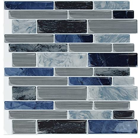 Aufun 3D Carrelage Autocollants 30 cm x 30 cm, 10 Pcs Cuisine Salle De Bains Carrelage Metro Carreaux Adhésifs PVC avec Brillant Auto-Adhésif Étanche Mur Carrelage Décor (Marbre, Bleu)